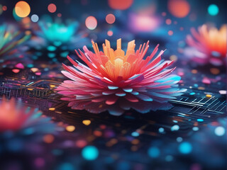 The image is an abstract world in 3D rendering of a neural network landscape made of interconnected lines and dots.  