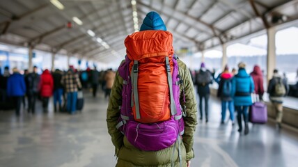Traveler with Colorful Backpack in Busy Train Station