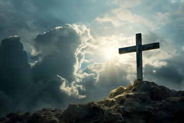 The sacred cross, symbolizing the death and resurrection of Jesus Christ, stands prominently atop Golgotha Hill, enveloped in divine light and ethereal clouds, evoking an apocalyptic theme.