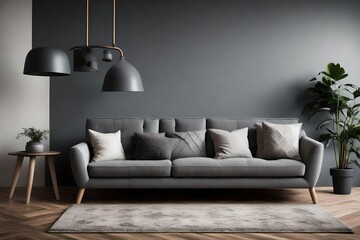 Living room wall mockup in bright tones with leather sofa and leather armchair. close up view.