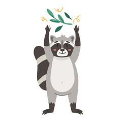 Cute raccoon with leaves. Raccoon in standing pose with hands up vector illustration