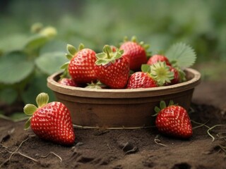 strawberries in a basket green background 