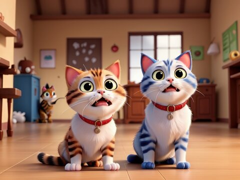crazy surprised cats in cartoon image 