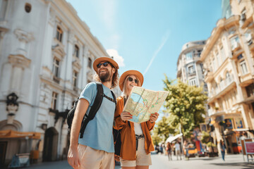 Happy couple tourist with maps in their hands .