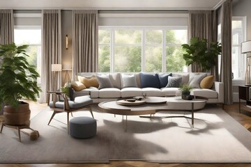 Living room wall mockup in bright tones with leather sofa and leather armchair. close up view.