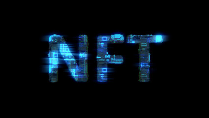 cybernetic electrical light shining text NFT in glitch style, isolated - object 3D rendering