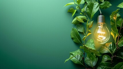 Ecology, save energy and sustainability concept. Environment banner with light bulb with green leaves on green background. Sustainable energy development. Banner size, copy space