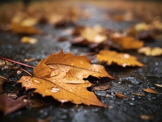 maple leaves fall on rainy season 