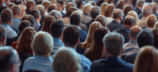 An audience attending a business conference, filling a large meeting room to listen to a talk. The scene depicts a crowd in a conference room, with many people engaged in listening to a speaker. - obrazy, fototapety, plakaty