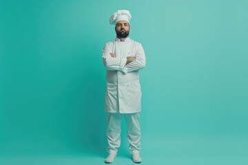 Naklejka premium The chef is in a white uniform, clothes and a white hat. Studio photo of a bearded man, a cook in a restaurant, cafe. Business concept, profession