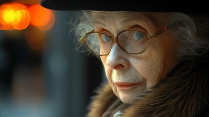 Elderly Woman With Glasses in Evening City Light
