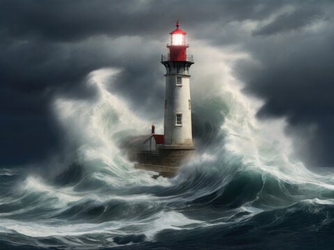 lighthouse in sea waves at night