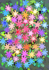 Straszne stokrotki. Autorski rysunek opracowany graficznie. Kolorowe kwiaty.
