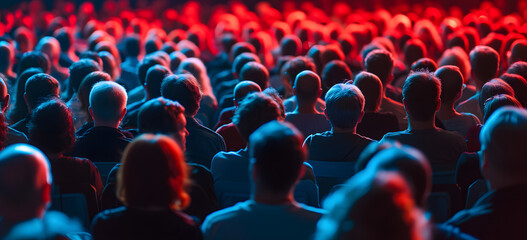 An audience attending a business conference, filling a large meeting room to listen to a talk. The scene depicts a crowd in a conference room, with many people engaged in listening to a speaker.