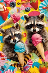 Adorable colorful scene featuring delightfully cute raccoons enjoying tasty ice cream in a summery, pop art style, a vibrant summer world where raccoons.