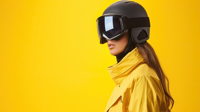 The girl is a skier in a yellow jacket, helmet and ski goggles. Isolated studio photo of a woman on a yellow background.