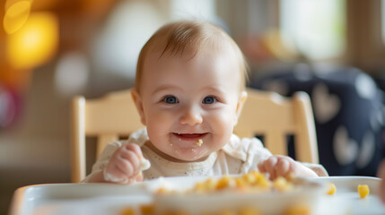 Close-up portrait of a cheerful baby sitting in a highchair and ready to eat. baby food concept. 