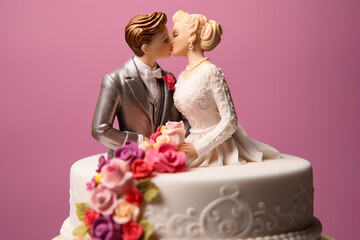 Figurines of the bride and groom on a wedding cake. Close-up of wedding cake topper. Traditional wedding sweets and decorations.