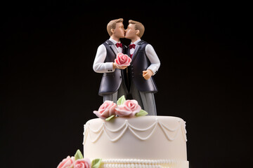 Wedding cake topper with two grooms, figurines of a gay couple. Gay marriage concept. Same-sex gay marriage, wedding sweets and decorations.