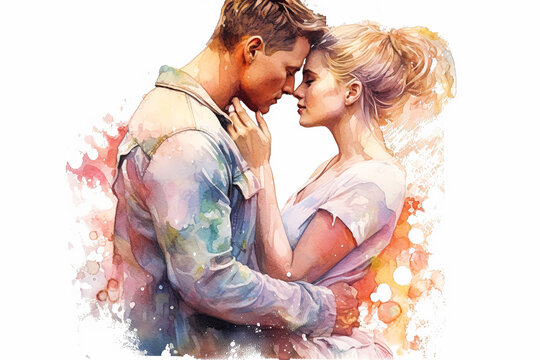 a watercolor illustration portraying a couple kissing against a backdrop of flowers.