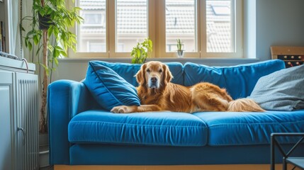 Big red dog on a blue sofa of a cozy interior house.