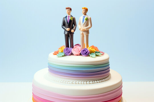 Wedding cake topper with two grooms, figurines of a gay couple. Gay marriage concept. Same-sex gay marriage, wedding sweets and decorations.