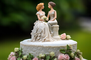 Wedding cake topper with two brides, figurines of a lesbian couple. Gay marriage concept. Lesbian couple wedding day, same-sex gay marriage, wedding sweets and decorations.