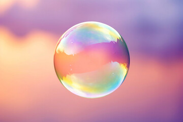 Soap bubble floating in the air on pastel gradient background. Iridescent bubbles. Dreaming, fun and joy concept. Abstract pc desktop wallpaper. Cleaning and washing theme