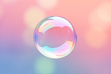 Soap bubble floating in the air on pastel gradient background. Iridescent bubbles. Dreaming, fun and joy concept. Abstract pc desktop wallpaper. Cleaning and washing theme
