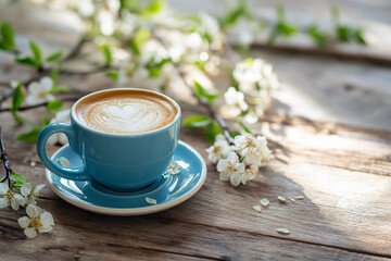 Spring composition with cup of hot coffee among blooming tree branches outdoors. Coffee cup with latte art and spring blossom. Coffee table in a spring garden, spring concept