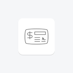 Fototapeta premium Cheque icon, payment, finance, banking, money thinline icon, editable vector icon, pixel perfect, illustrator ai file