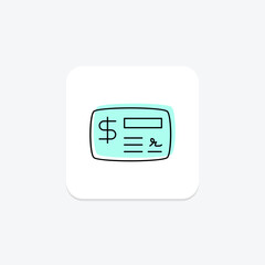 Cheque icon, payment, finance, banking, money color shadow thinline icon, editable vector icon, pixel perfect, illustrator ai file