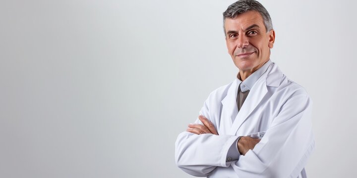 A male doctor in a white coat. A studio photo of a doctor on a white background. The concept of hospital, health, medicine