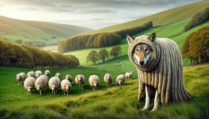 Wolf in sheep's clothing standing in flock of sheep on lush hillside, exemplifying deception and disguise. - obrazy, fototapety, plakaty