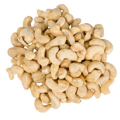 Pile of cashew nuts isolated on white background. Top view.