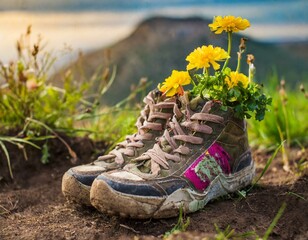 boots and flowers in mountains