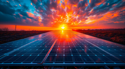 stunning sunset with vibrant orange and blue skies over a large field of solar panels - obrazy, fototapety, plakaty