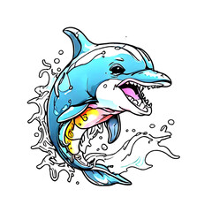 Fototapeta premium Vibrant Cartoon Dolphin Jumping from Ocean Water with Dynamic Splashes