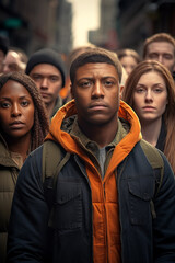 Obraz premium A young man with a resolute expression leads a crowd through an urban street, symbolizing leadership and determination..