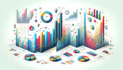 Dynamic 3D Bar Chart and Data Analysis Infographics with Trend Lines - Vivid Colorful Data Visualization Concept Illustration for Business Growth