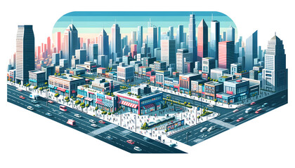 Detailed Isometric Cityscape Illustration with Skyscrapers, Commercial Buildings and Residential Houses - Urban Development and Architecture Concept