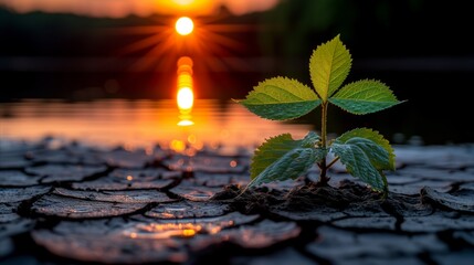 Vibrant Plant Sprouting in Front of a Sunset