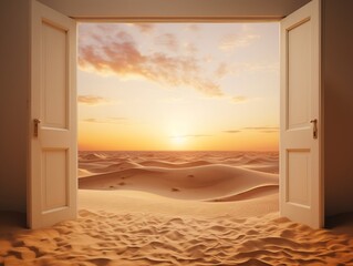 Open door into sand desert with sunrise