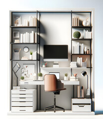 Contemporary Home Office Design in Neutral Palette: Spacious Built-In Shelving Workspace Setup - Concept of Minimalism, Productivity & Modern Remote Work Environment