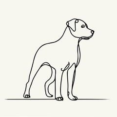 A minimalist piece of art depicting a dog's pose in one continuous line. The design captures the dog's shape and pose against a simple white background, creating a modern and simplistic look.