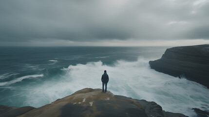 Solitude at the Cliffs: A Person Contemplating the Vast Ocean AI-Generative