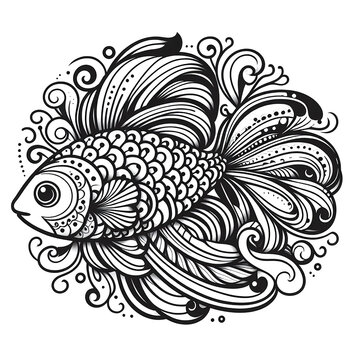 Black and white fish animal with a decorative pattern floral and ornamental mandala style design