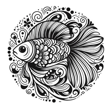 Black and white fish animal with a decorative pattern floral and ornamental mandala style design