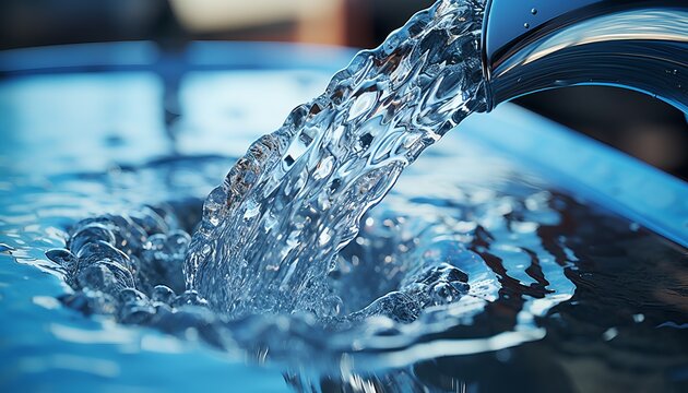 Close up of a faucet with cascading water  vibrant movements and sparkling reflections