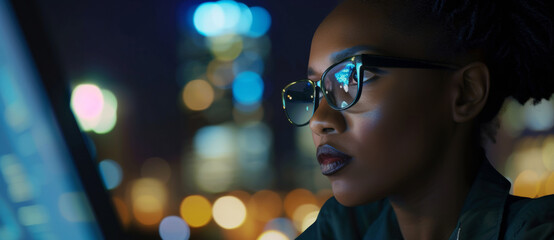 Reflective gaze of a woman, city lights painting stories in her glasses, night's allure captured